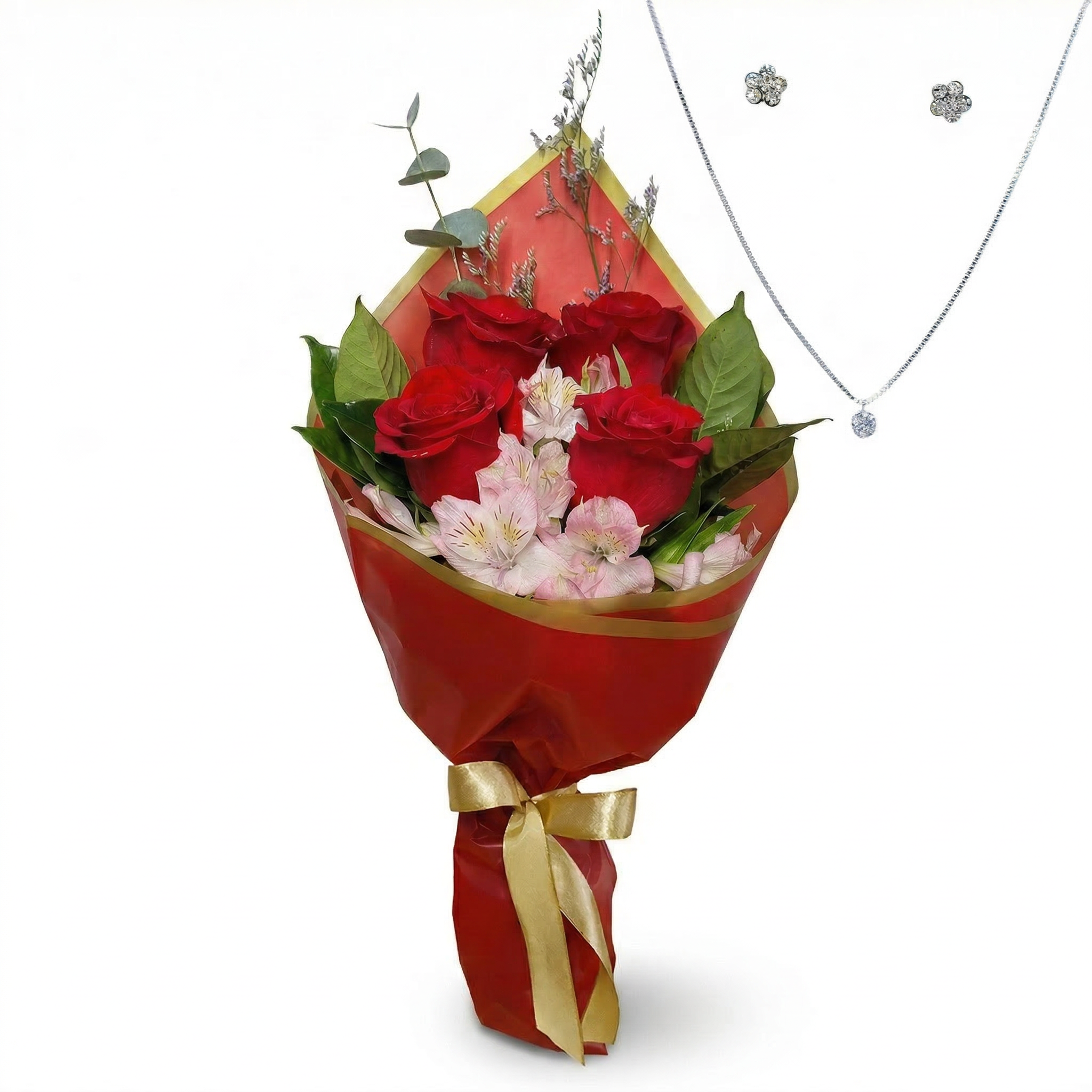 Mini Buqu� 4 Rosas com joia  - Brilho Vermelho