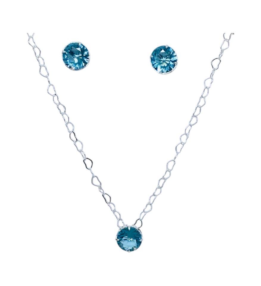 Colar e Brinco Prata cor Azul 