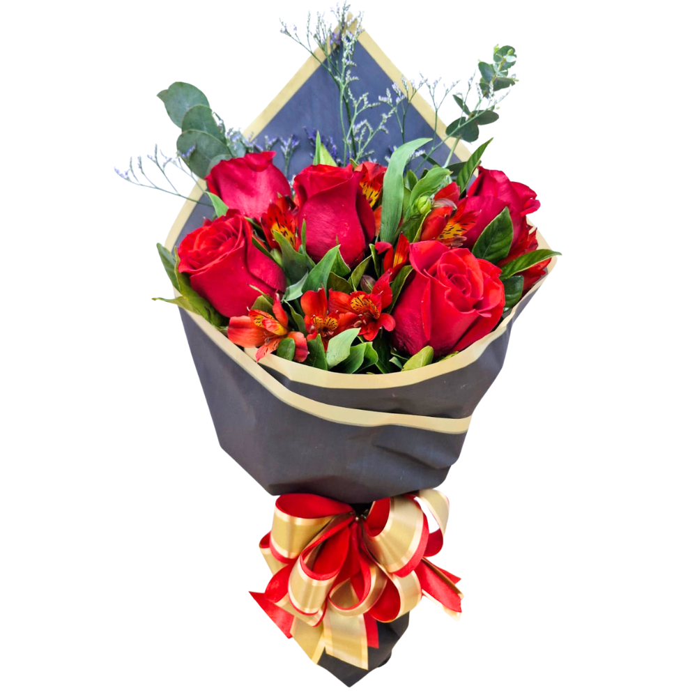 Buqu Clssico de 5 Rosas e Astromlias vermelhas.