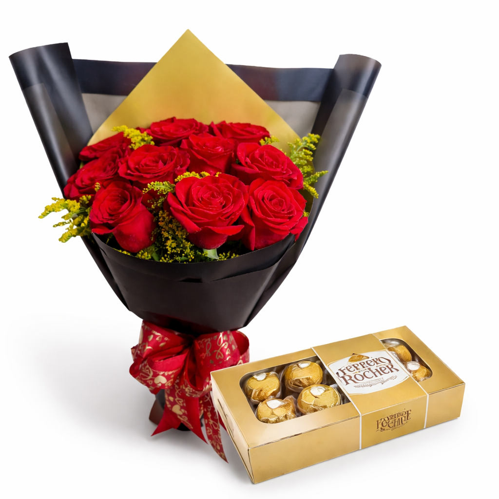 Buqu� 10 Rosas Importadase e Chocolate Ferrero Rocher 