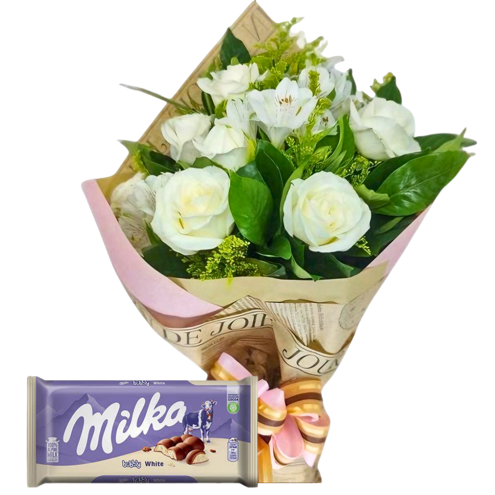 Buqu de Rosas Brancas com Chocolate Milka Bubbly White