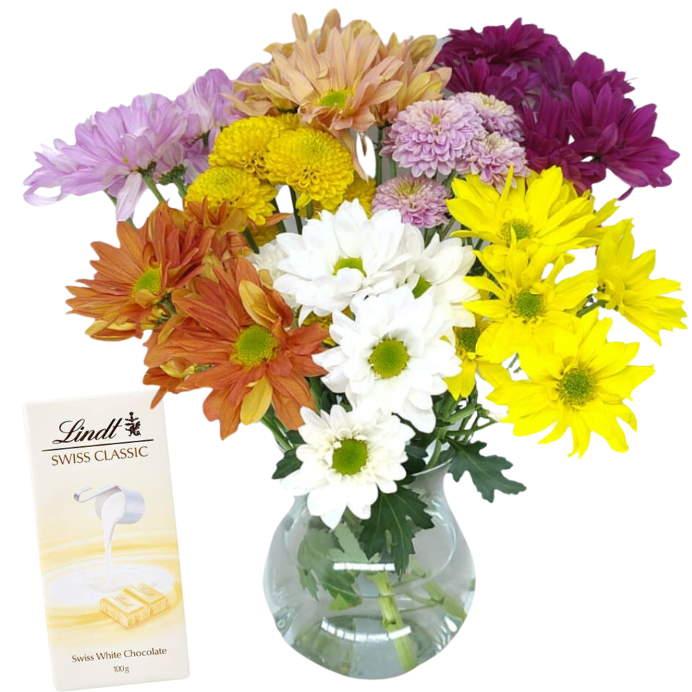 Arranjo de Flores Mistas com Chocolate Lindt Swiss Classic