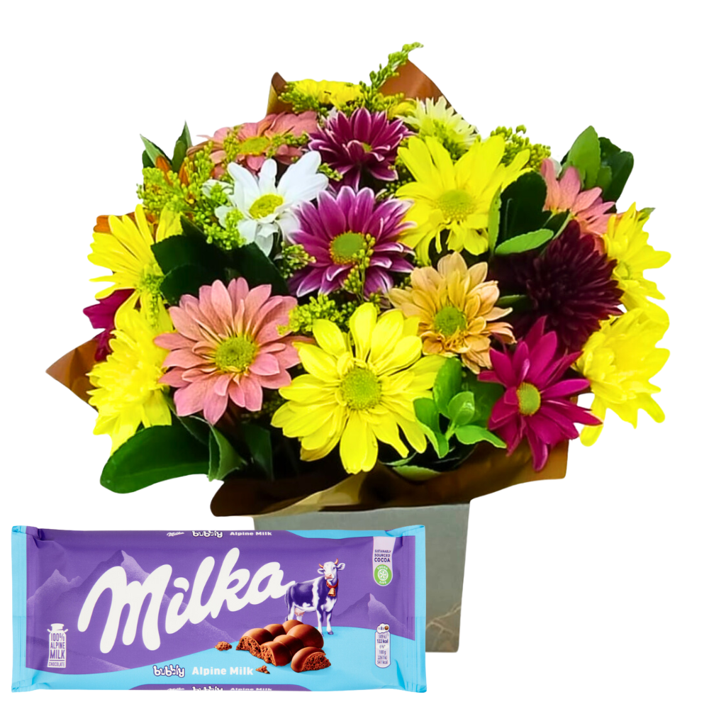 Arranjo de Flores Mistas com Chocolate Milka Bubbly