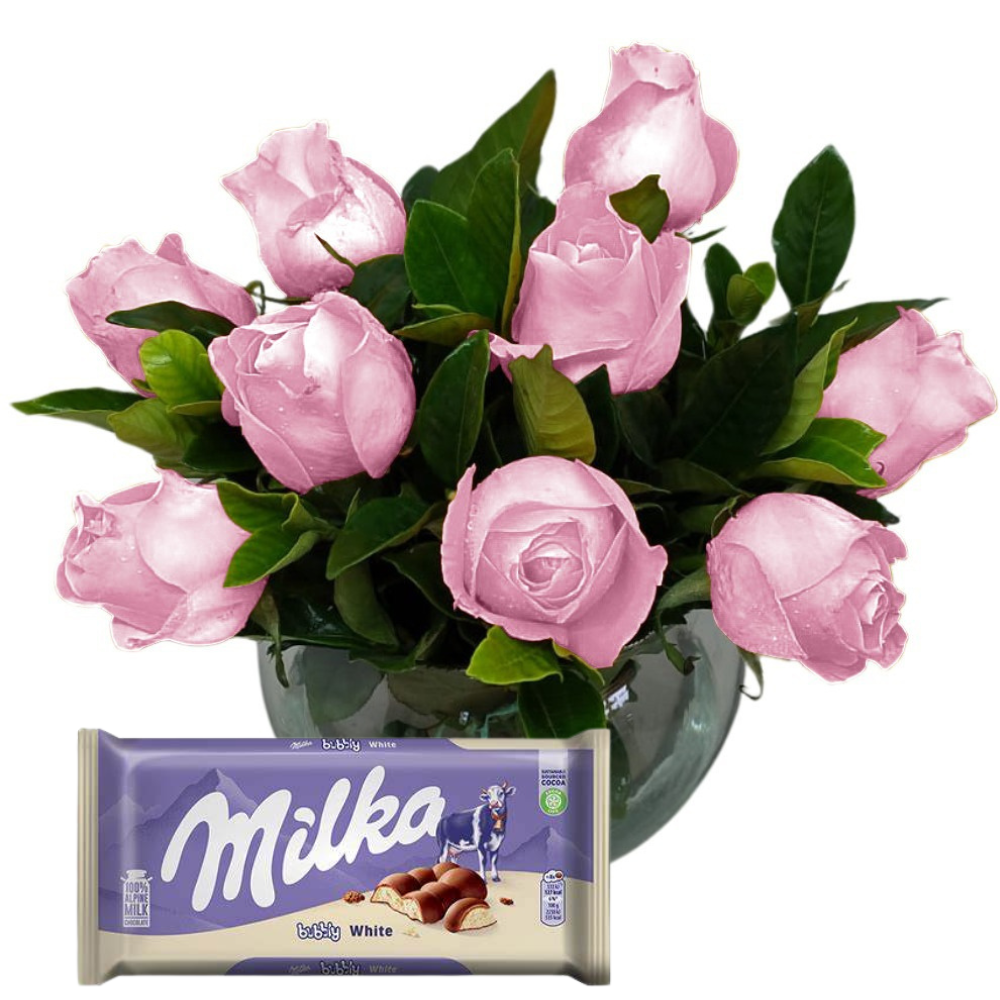 Buqu de Rosas Cor-de-Rosa com Chocolate Milka Bubbly White