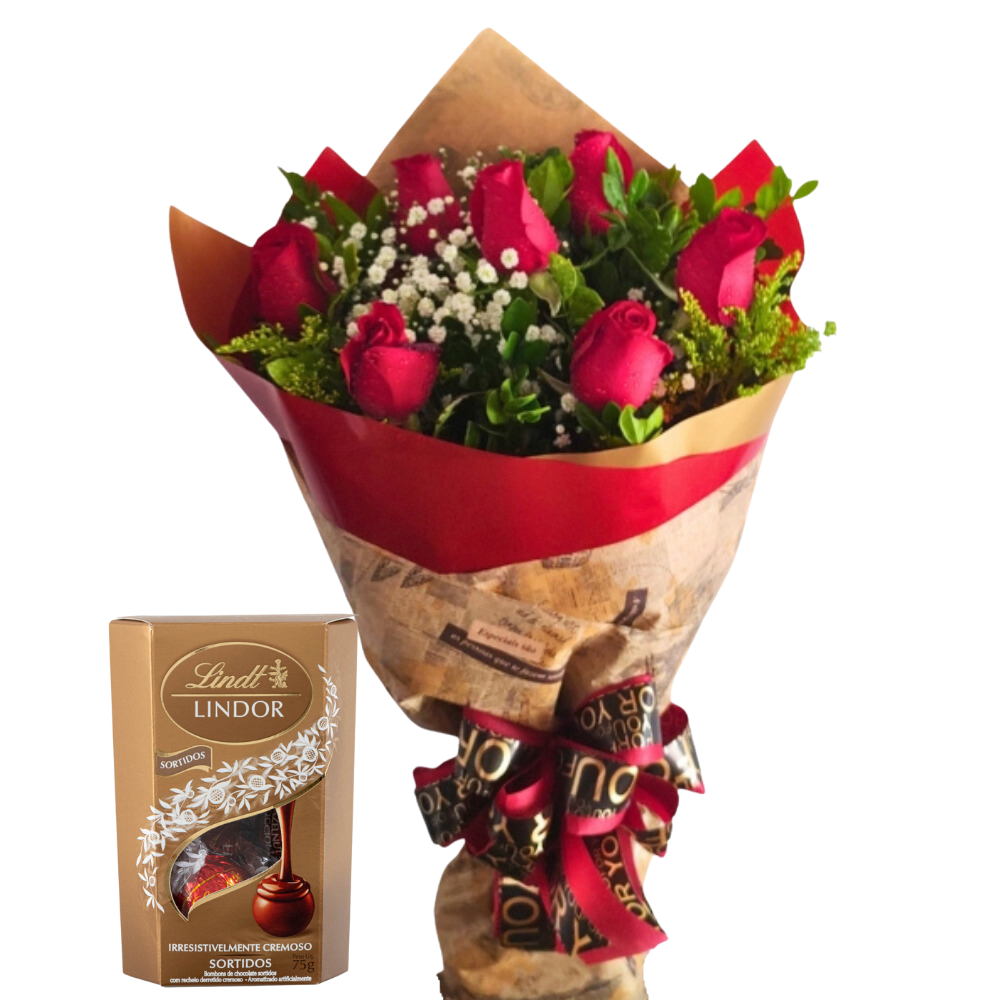 Buqu de 7 Rosas Vermelhas com Chocolate Lindt Sortidos