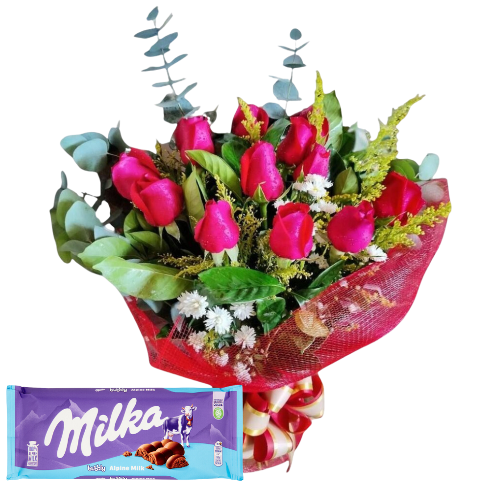 Buqu de 12 Rosas Vermelhas com Chocolate Milka Alpine Milk