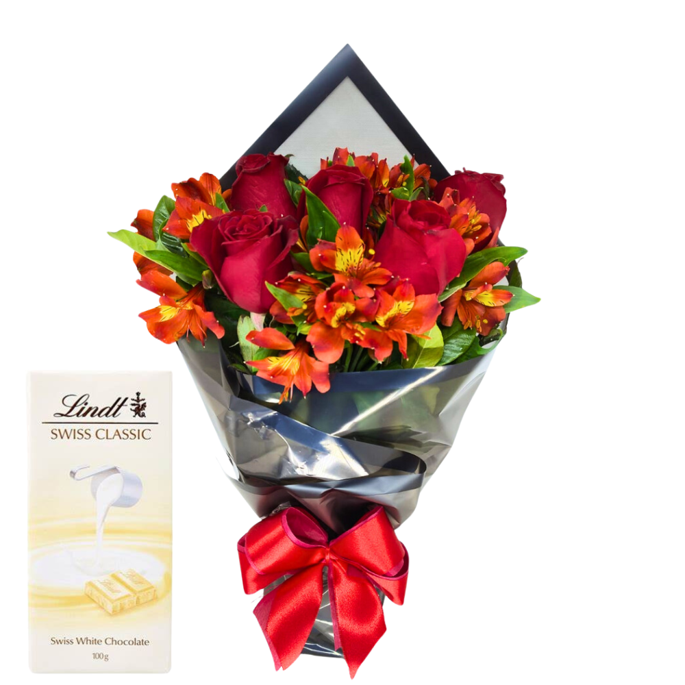 Buqu de Rosas 5 Vermelhas e Astromlias com Chocolate Lindt Swiss White