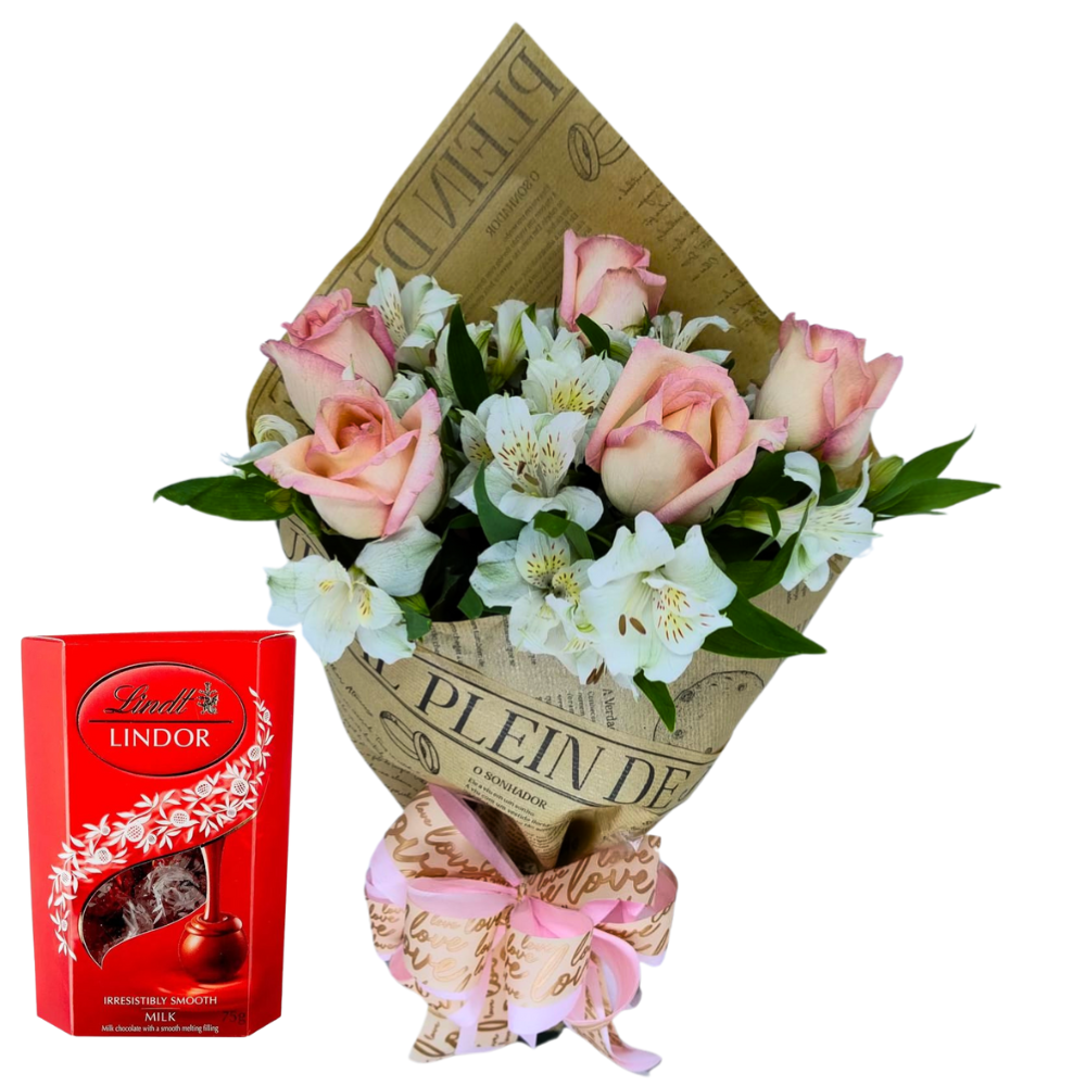 Buqu de Rosas e Astromlias com Chocolate Lindt Lindor