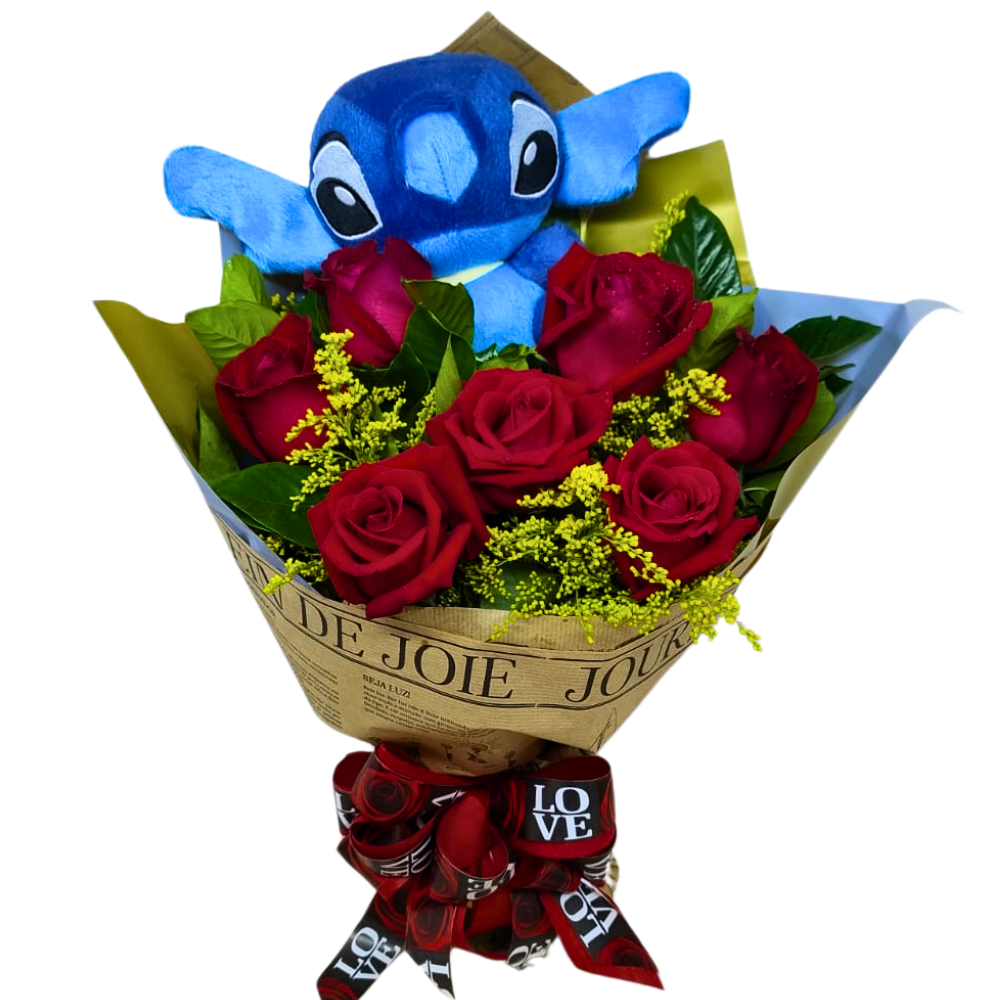 Buqu Amor Eterno - 7 Rosas Vermelhas com Stitch