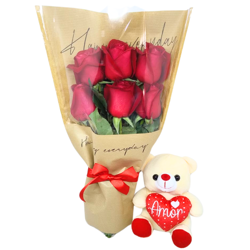 Buqu 6 Rosas Vermelhas com Ursinho  Amor de Pelcia
