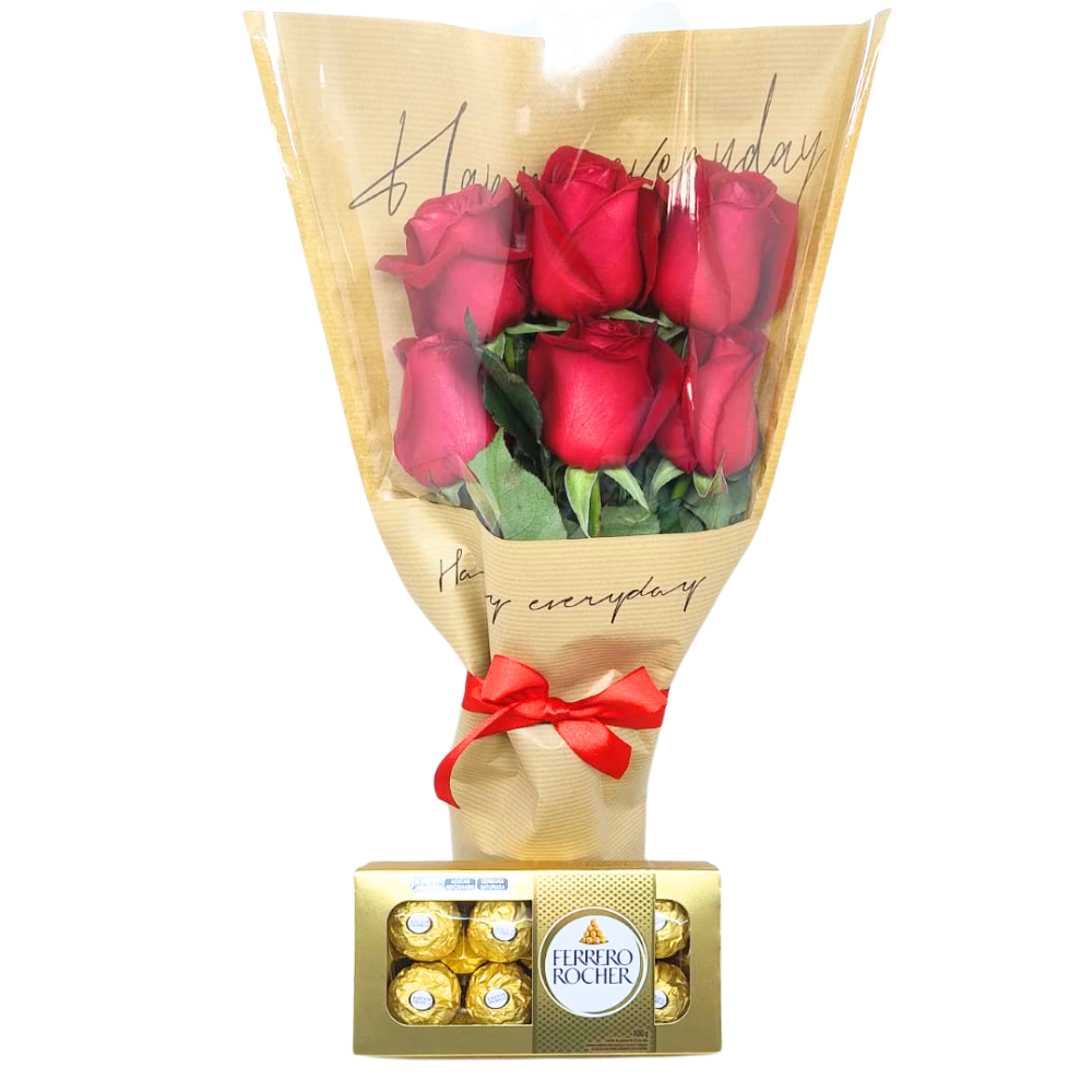 Buqu 6 Rosas Vermelhas com Ferrero  Amor Clssico