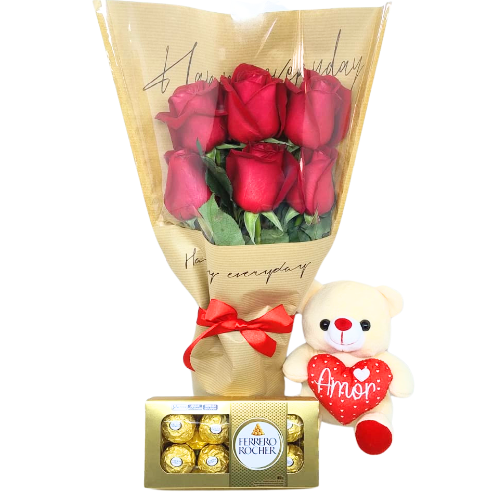 Combo Amor Completo  6 Rosas, Ursinho e Ferrero Rocher
