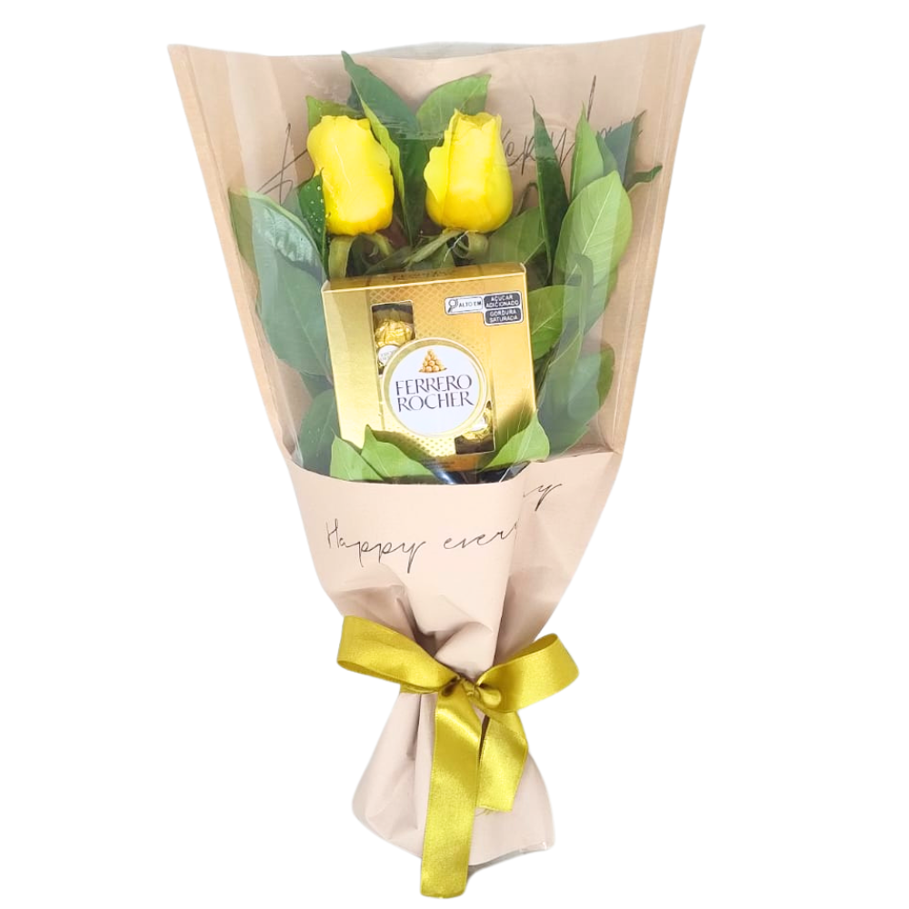 Buqu 2 Rosas Amarelas com Ferrero