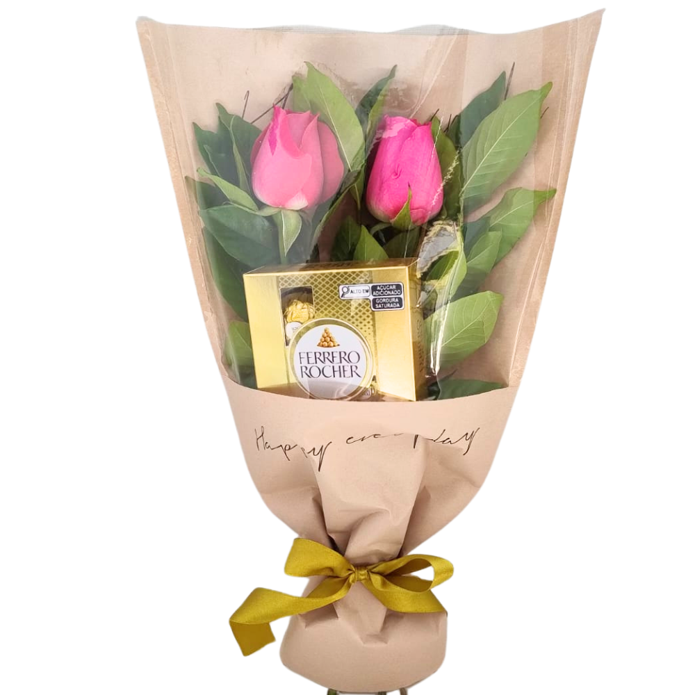 Buqu 2 Rosas Pink com Ferrero