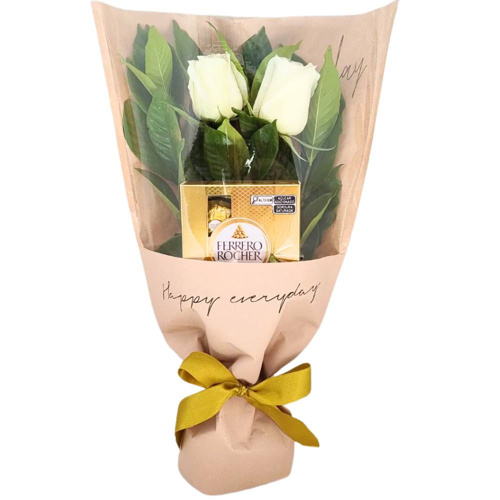 Buqu 2 Rosas Brancas com Ferrero