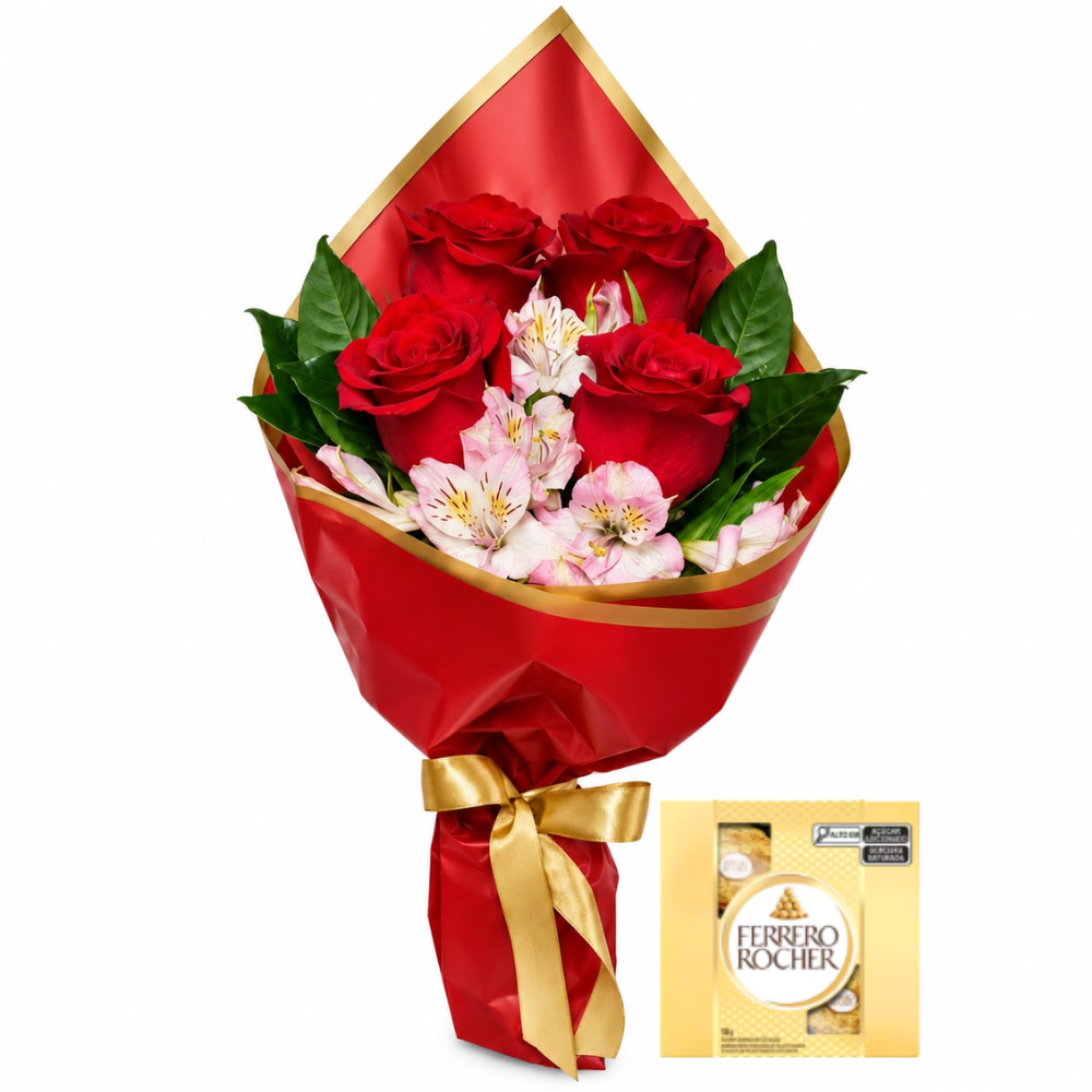 Buqu� 4 Rosas Importada e Ferrero Rocher  - Brilho Vermelho