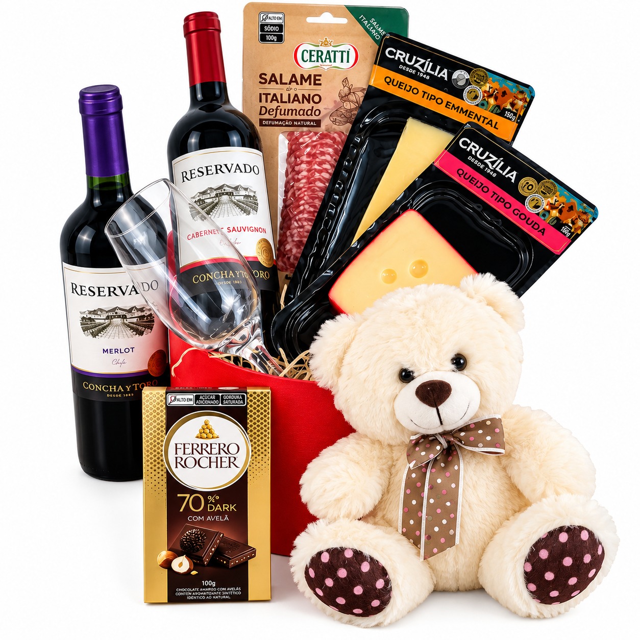Cesta Amor & Eleg�ncia com Vinhos, Queijos, Ferrero e Pel�cia