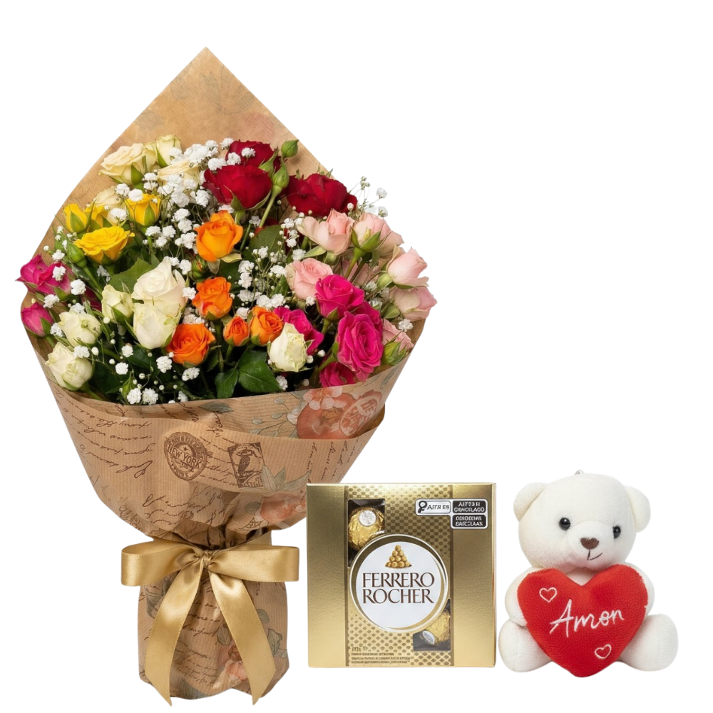 Buqu� Mini Rosas colorido Pelucia e Ferreo 