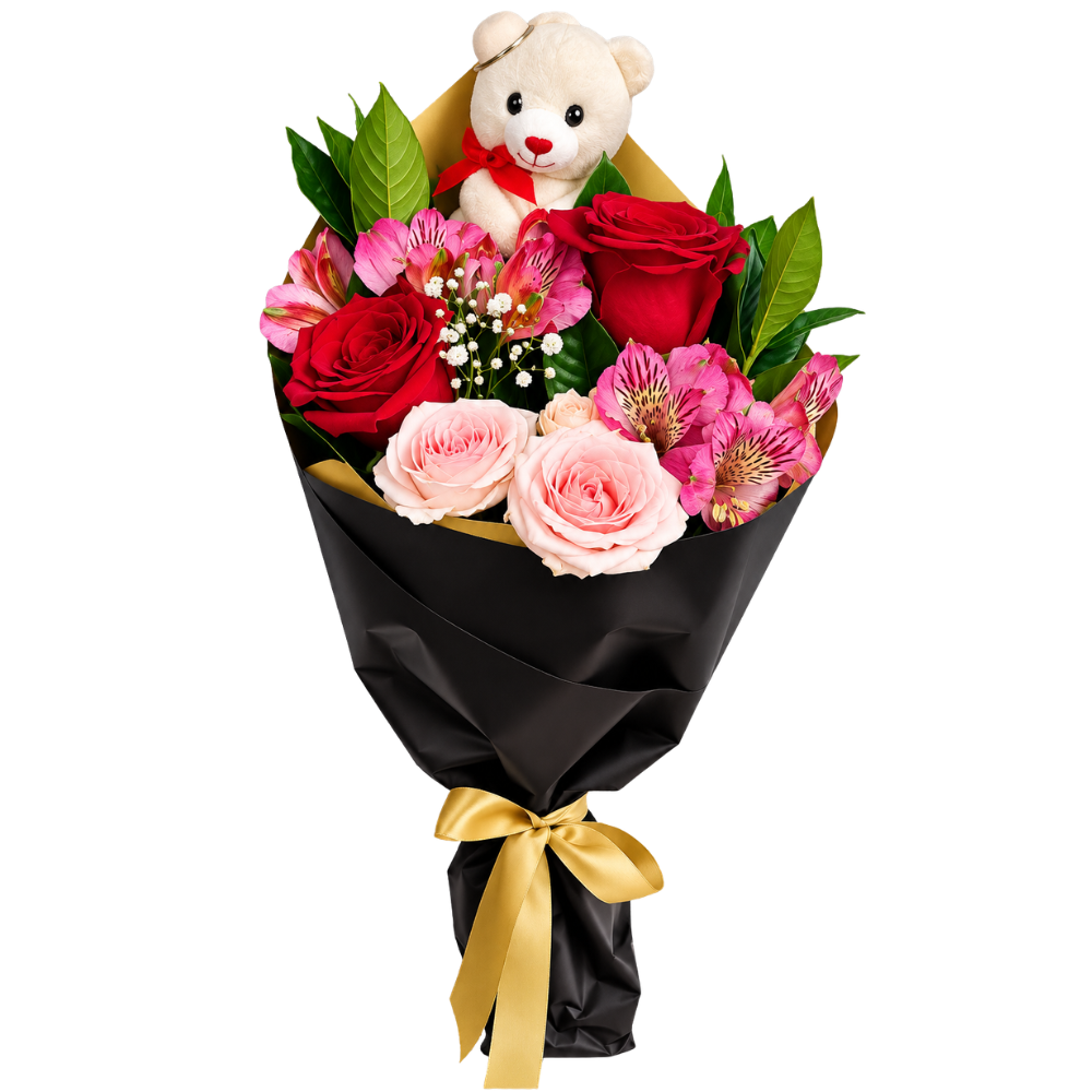 Mini Buqu� Charme de Rosas e Pel�cia 