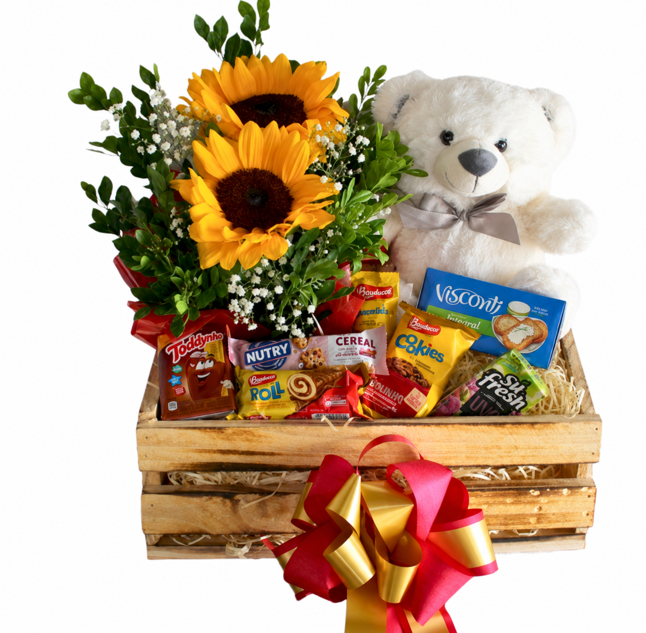 Cesta de Caf� - Encanto de Girass�is e Pel�cia