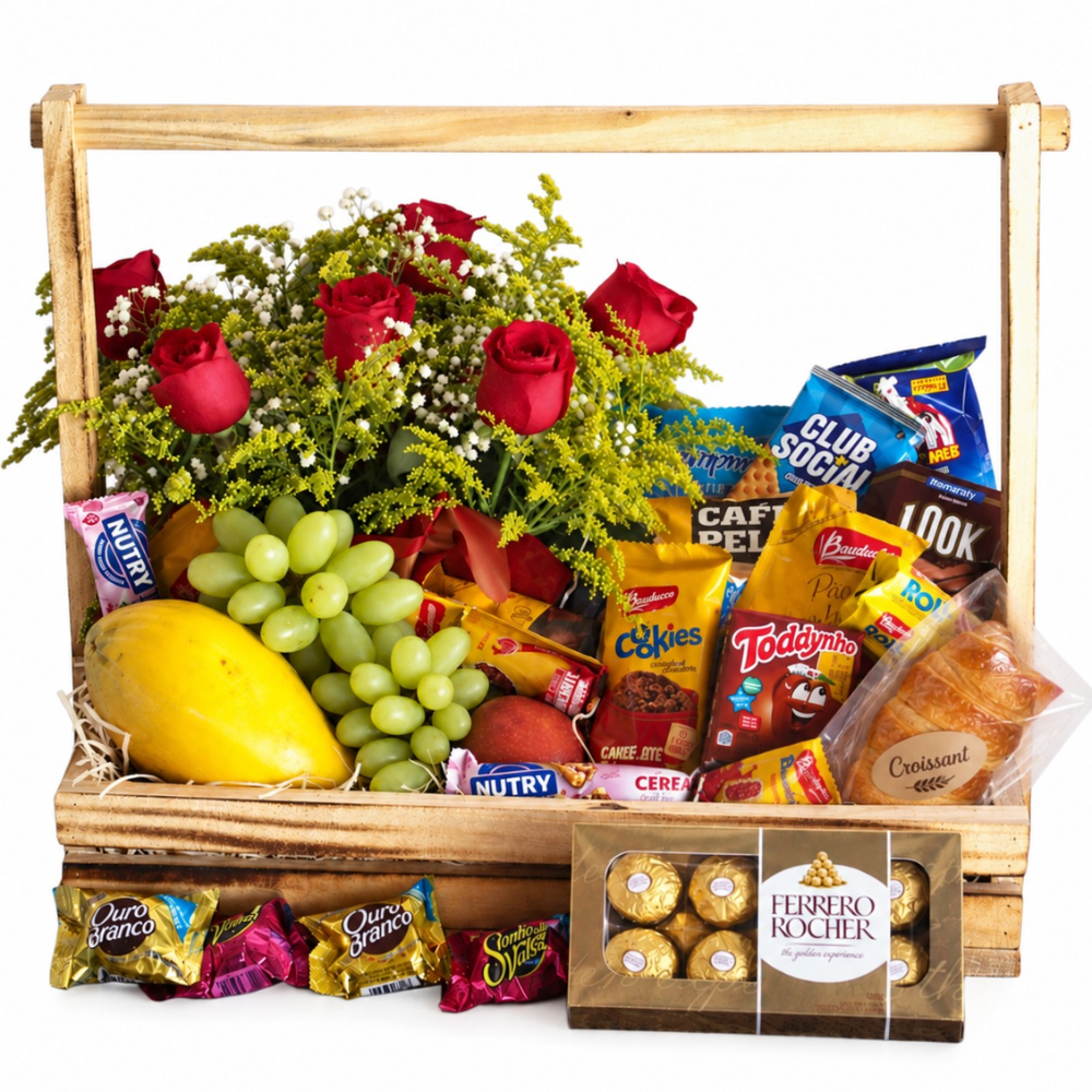 Cesta de Caf� com Rosas e Delicias
