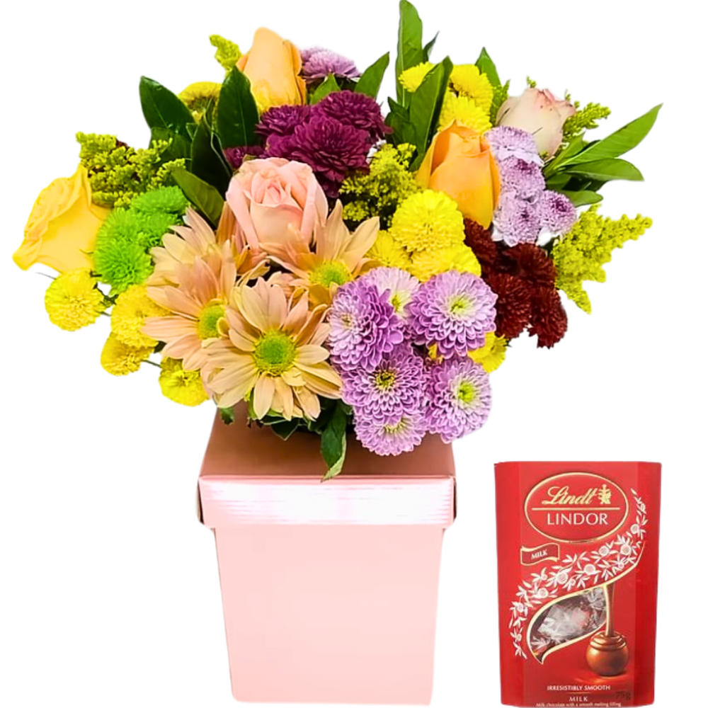 Arranjo de Flores Coloridas com Chocolate Lindt Lindor ao Leite