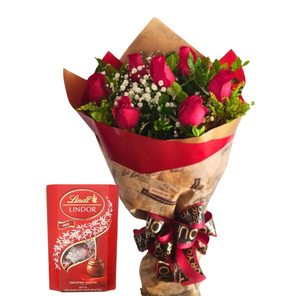 Buqu de 7 Rosas Vermelhas com Chocolate Lindt ao Leite