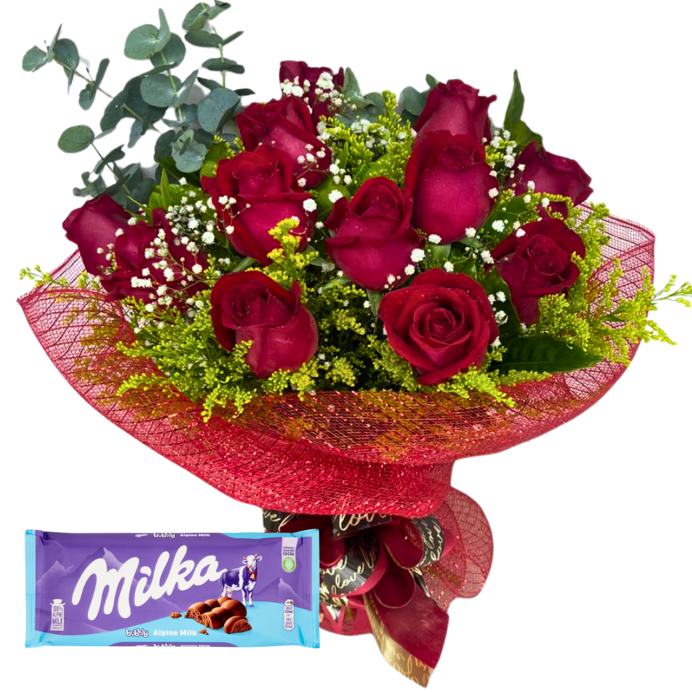 Buqu de 12 Rosas Vermelhas com Chocolate Milka Alpine Milk